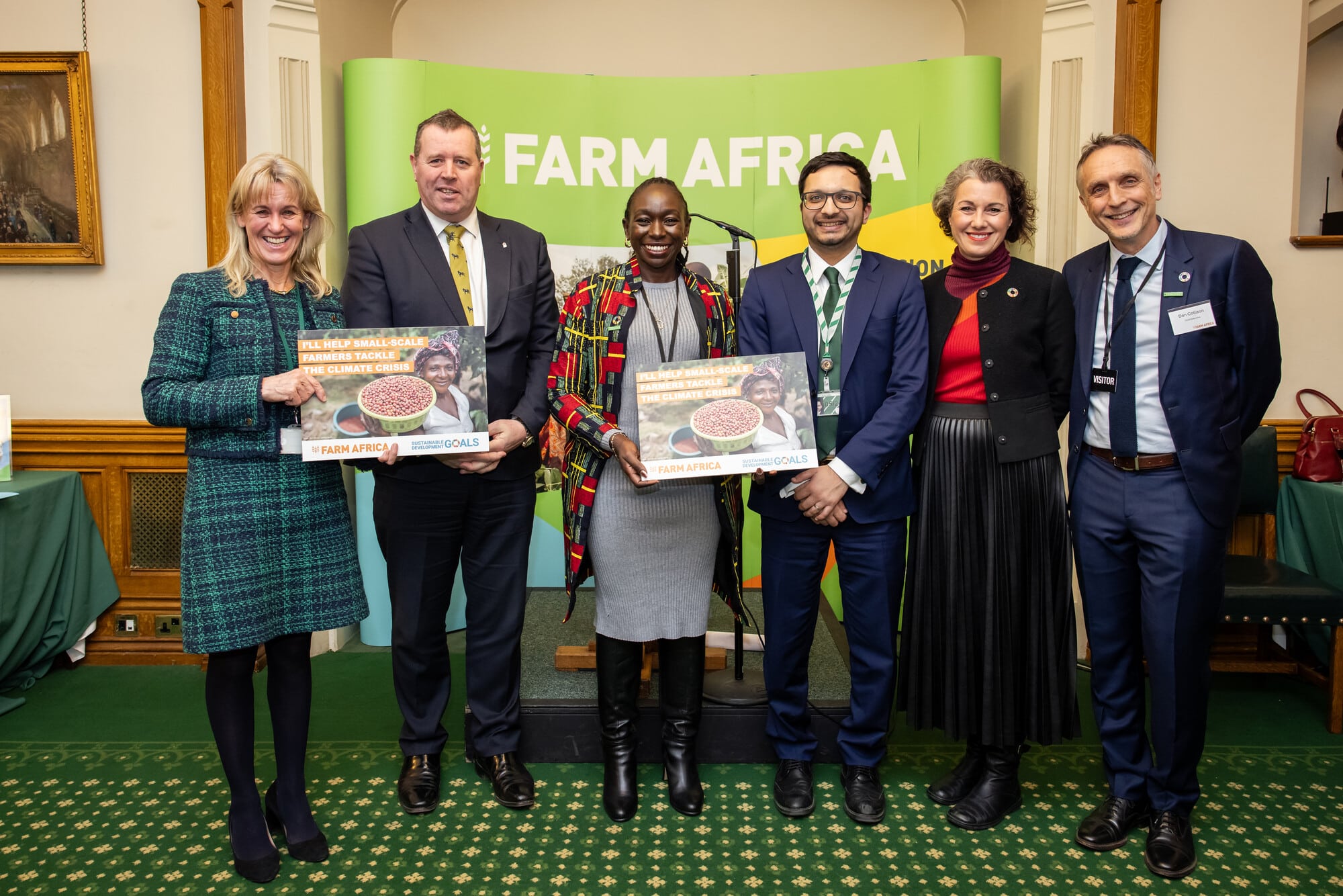 From left to right: Minette Batters, President of the National Farmers Union; Mark Spencer MP, Minister for Food, Farming and Fisheries; Dr Diana Onyango, Head of Technical Team at Farm Africa; Saqib Bhatti MP and sponsor of the event; Sarah Champion, MP and Chair of the International Development Committee; Dan Collison, Farm Africa Chief Executive.