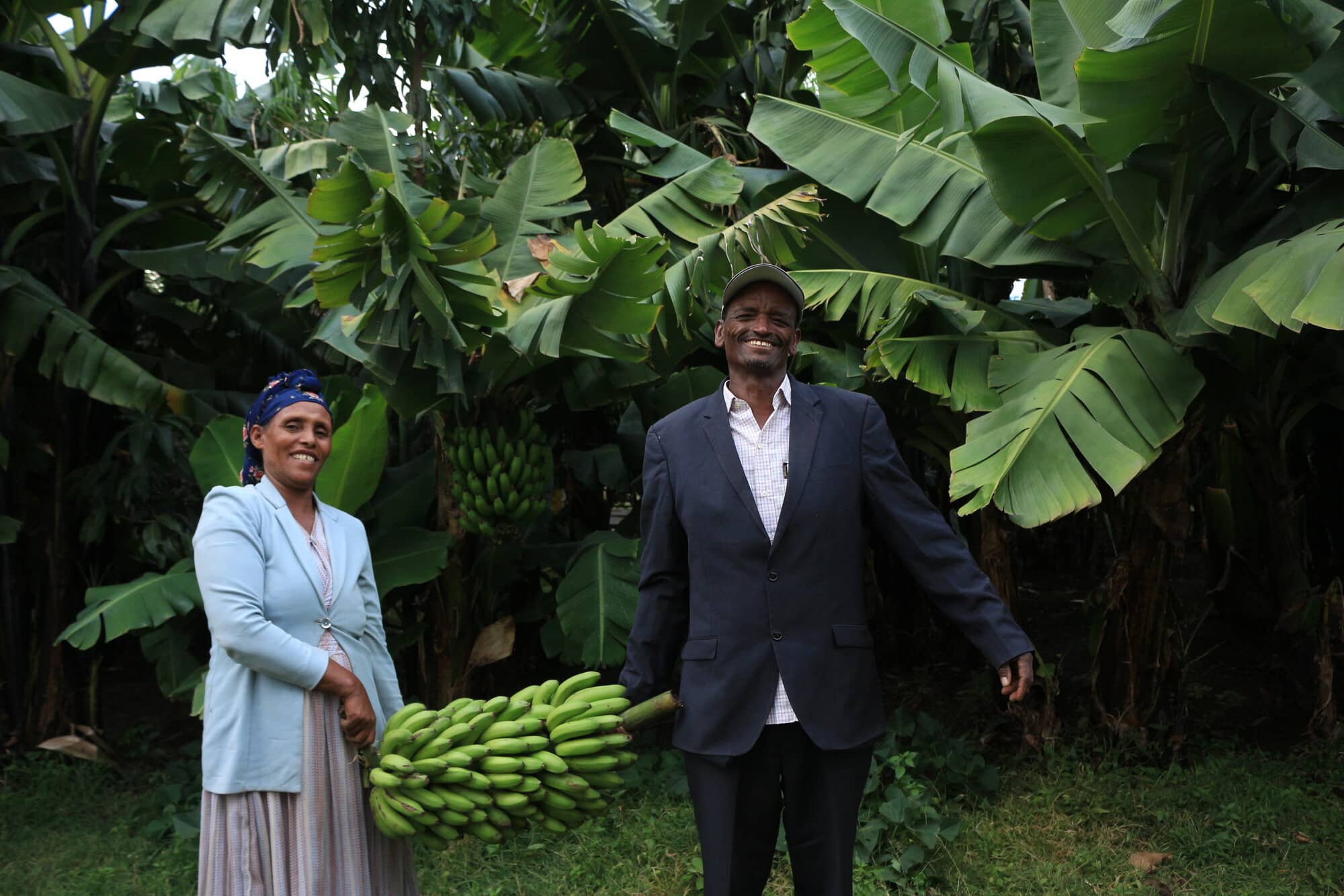 man and woman holding freshly harvested bananas on a farm in Ethiopia