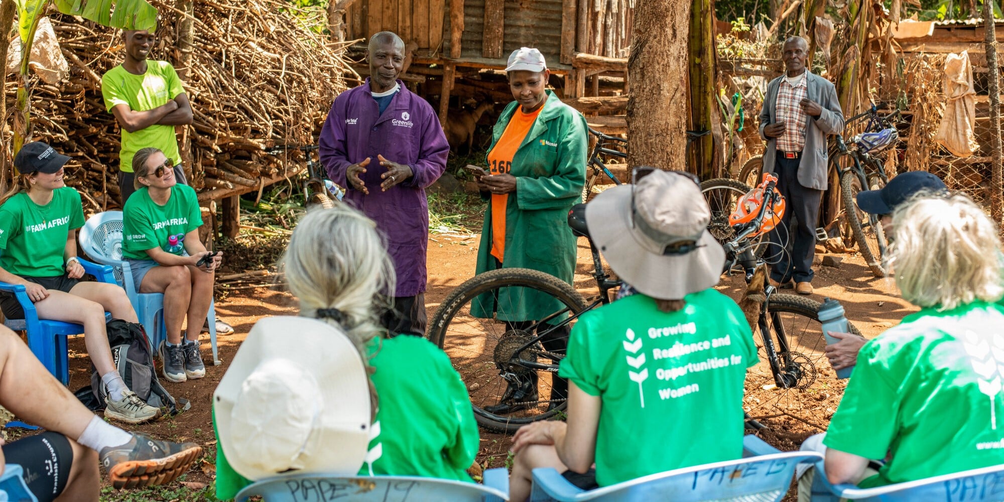 Perpetua Munyi, a Village-Based Advisor participating in Farm Africa's Regenerative Agriculture programme, talks to the GROW challenge team at her home in Embu County, Kenya.