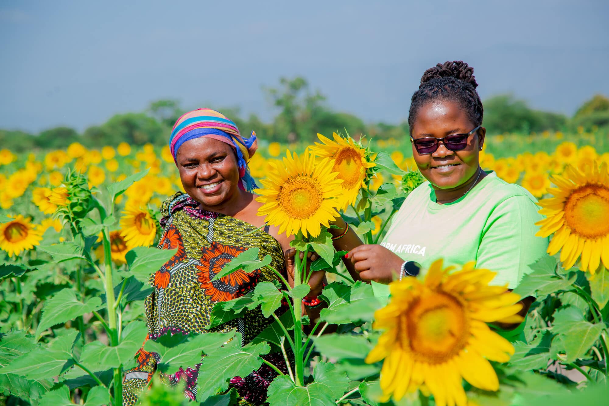 Farm Africa's gender specialist Helena Lawi (right) with Mary Temu (left), a smallholder farmer taking part in our sunflower project.